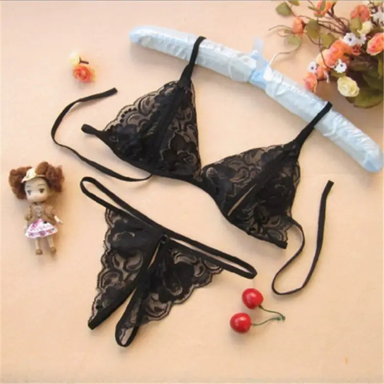 Black Lingerie Set NZ - Crotchless Thong & Lace Bra - Crazynight