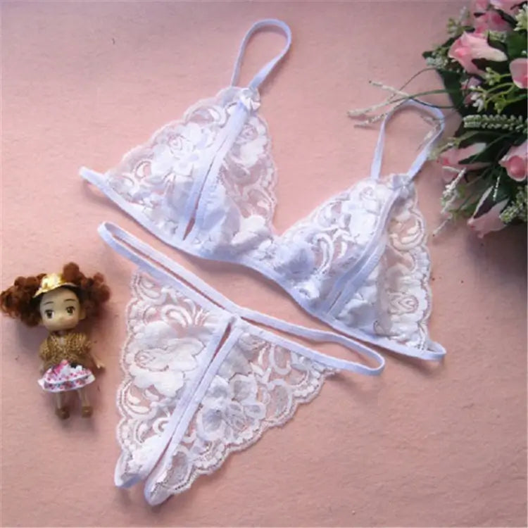 White Lingerie Set NZ - Crotchless Thong & Lace Bra - Crazynight