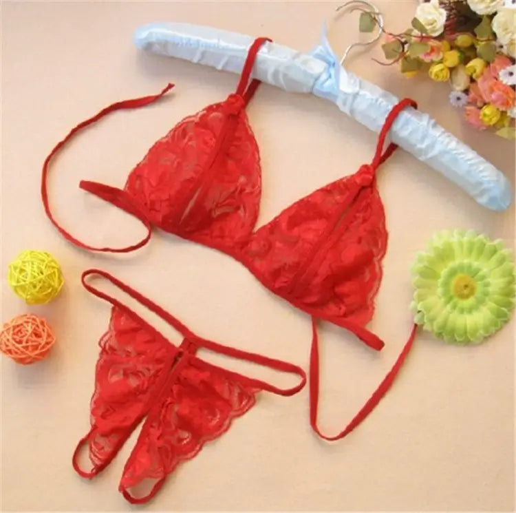 Red Lingerie Set NZ - Crotchless Thong & Lace Bra - Crazynight